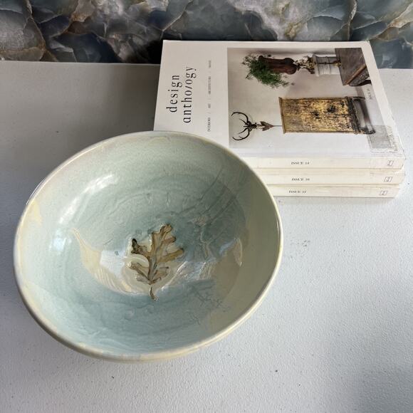 Studio Art Pottery Bowl 7" Blue Leaf Motif Glazed Marked By Artist - Picture 2 of 7